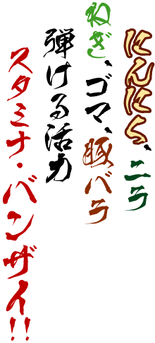にんにく、ニラ、ねぎ、ゴマ、豚バラ 弾ける活力スタミナ・バンザイ!!